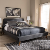 Baxton Studio BBT6661A1-Dark Grey-Queen Sinclaire Modern and Contemporary Dark Grey Fabric Upholstered Walnut-Finished Queen Sized Platform Bed